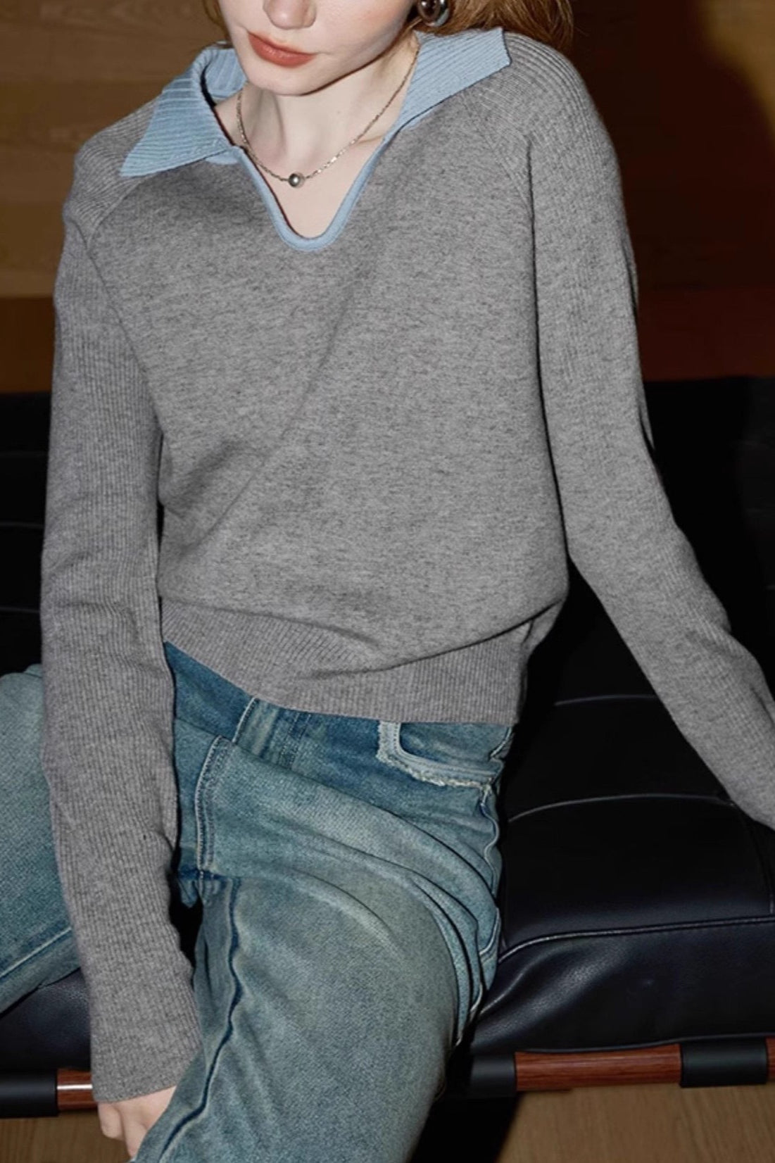 Elegant Grey Ribbed Knit Top