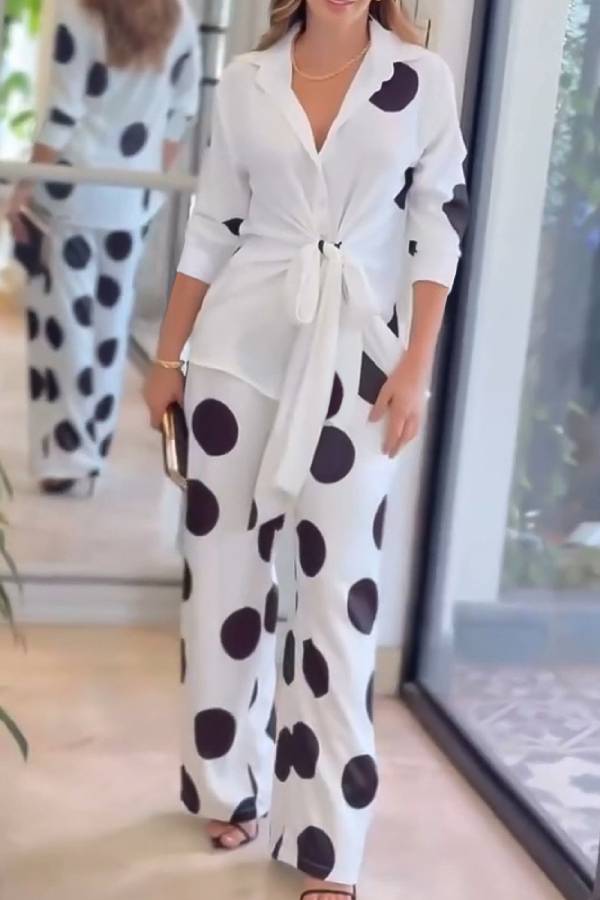 Fashion Lapel Long-sleeved Tie Waist Shirt and Casual Polka Dot Print Wide-leg Pants Set