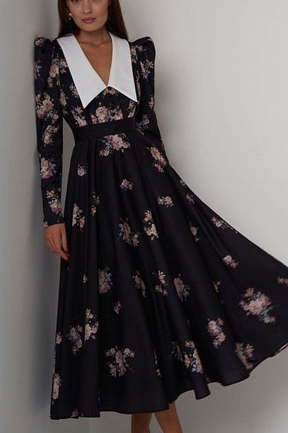 Flared Vintage Print Slim Waist Floral Maxi Dress
