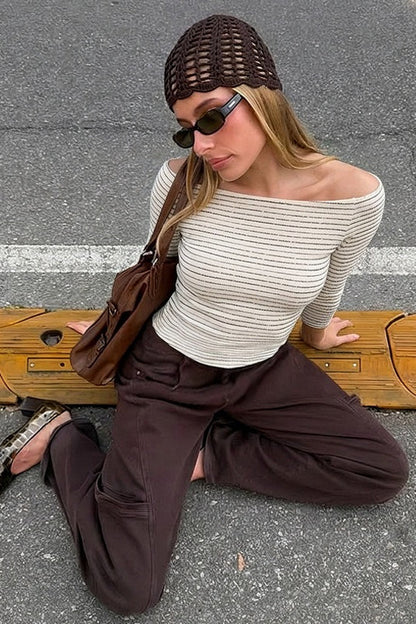Striped Off Shoulder Fitted Long Sleeve Tee