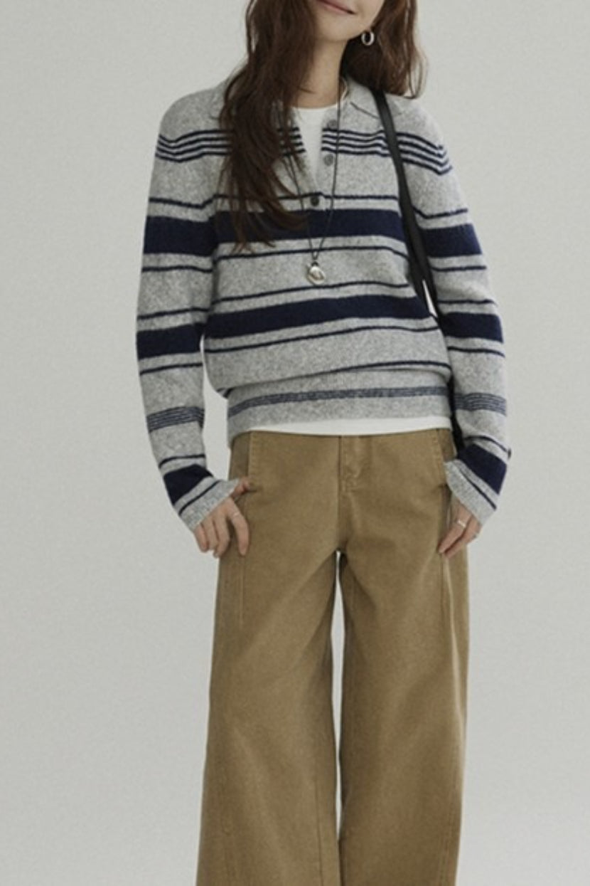 Stripe Polo Collar Knit Top