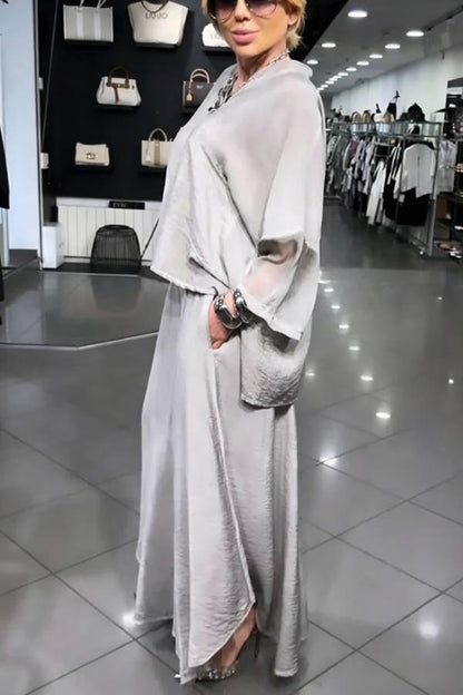 Melissa V-neck Sheer Batwing Sleeve Loose Blouse and Elastic Waist Pocketed Bell Hem Pants Set