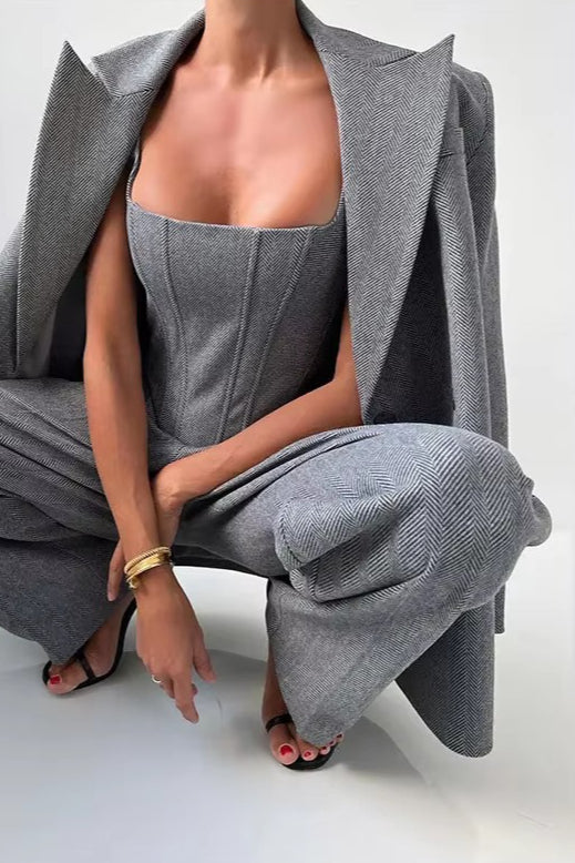 Layered Corset Style Three Piece Blazer Pants Set