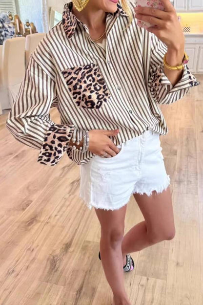 Stripe & Leopard Patchwork Collared Loose Long Sleeve Shirt