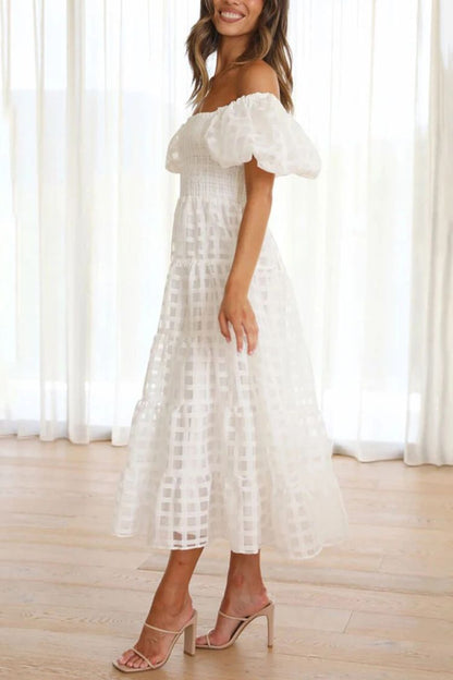 Fashionable One-Shoulder Chiffon Puff Sleeve Swing Midi Dress