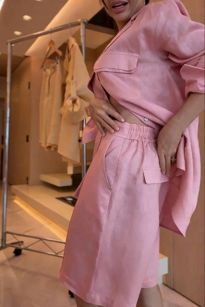 Solyn Linen Blend Double-layer Flap Long Sleeve Shirt and Elastic Waist Pocket Bahamian Shorts Set