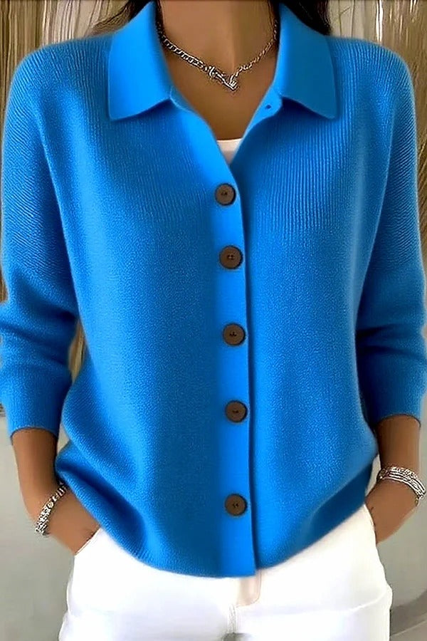 Casual Stylish Knit Solid Color Shirt Neck Button Up Long Sleeve Cardigan