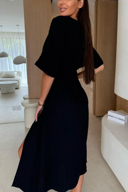 Linen Blend Solid Color V-neck Short Sleeve Waist Loose Slit Midi Dress