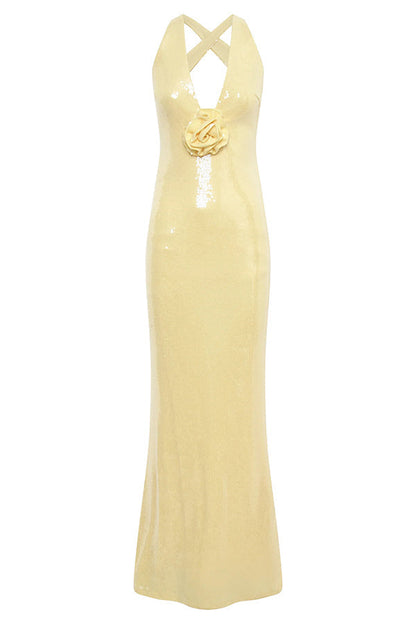 Sequin Deep V-Neck 3D Floral Applique Bodycon Maxi Gown