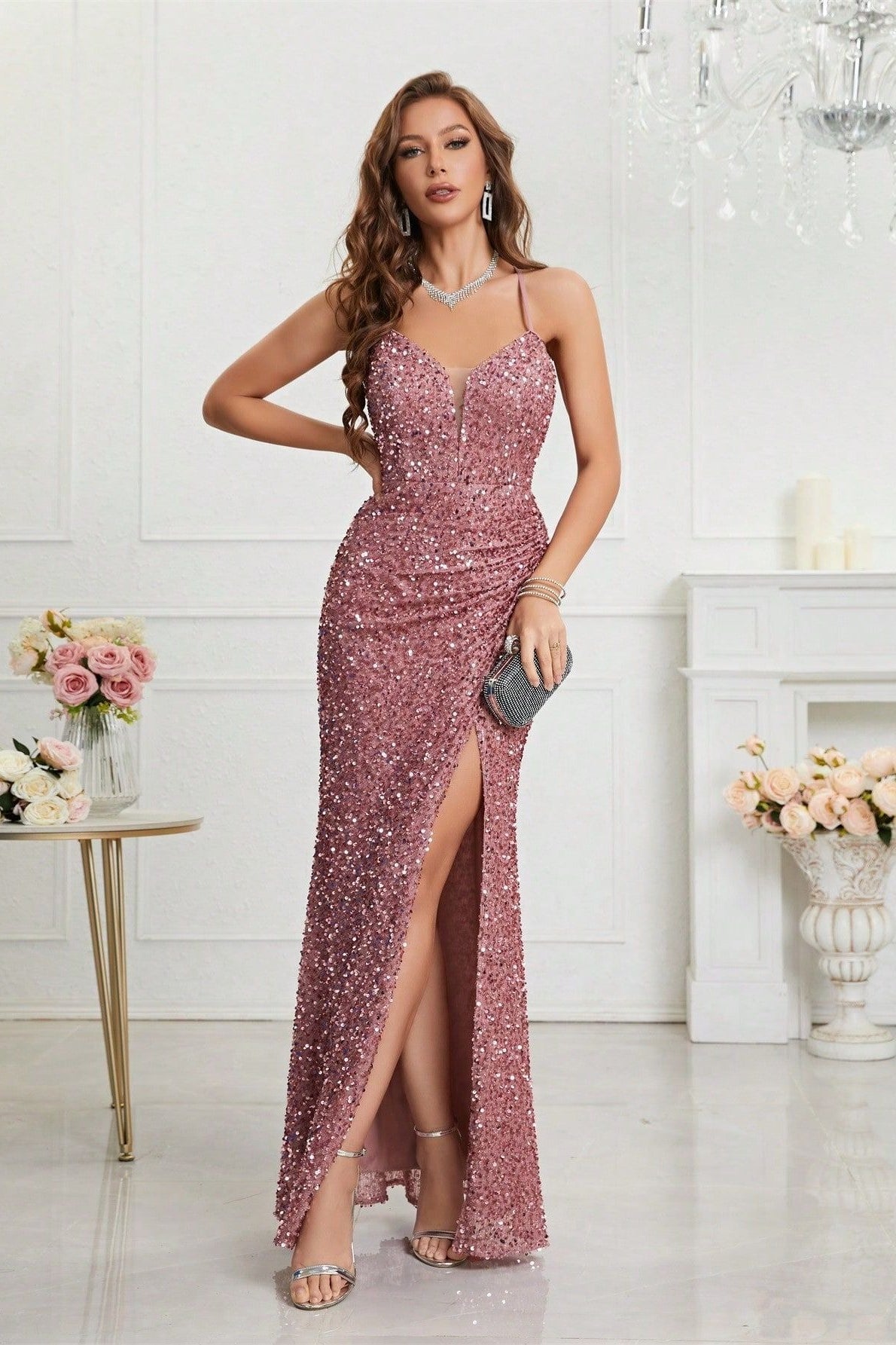 V Neck Slit Sequin Slip Prom Dress