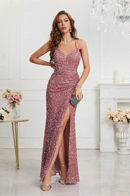 V Neck Slit Sequin Slip Prom Dress