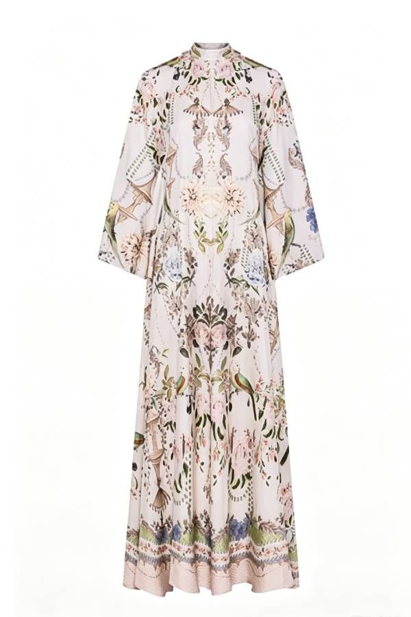 Serene Refinement Unique Art Printed High Tie-up Neck Bell Sleeve Kaftan Maxi Dress