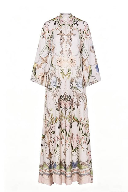 Serene Refinement Unique Art Printed High Tie-up Neck Bell Sleeve Kaftan Maxi Dress