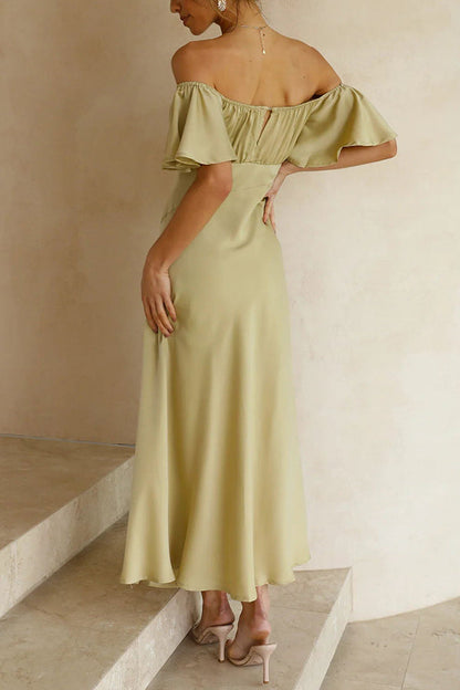 Satin Off Shoulder Flutter Sleeve Sweetheart Ruched Side Slit Midi Dress