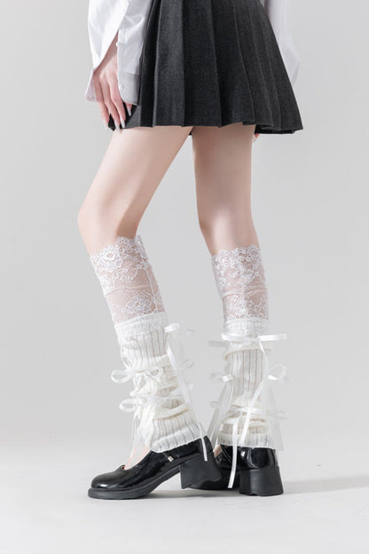 Lace Patchwork Bow Slouchy Leg Warmers