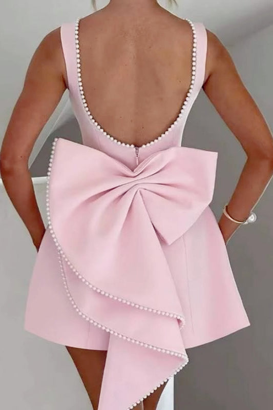 Pearl Bow Backless Mini Birthday Dress