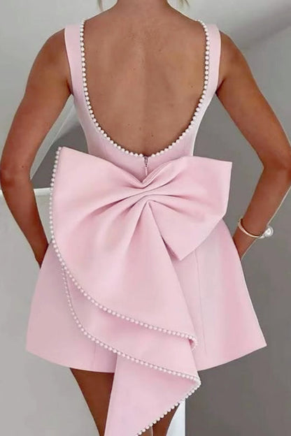 Pearl Trim Boat Neck Fit and Flare Back Bow Mini Dress