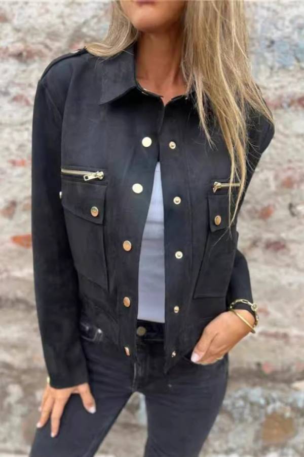 Faux Suede Cargo Collar Cropped Jacket Metal Button Pocket Coat