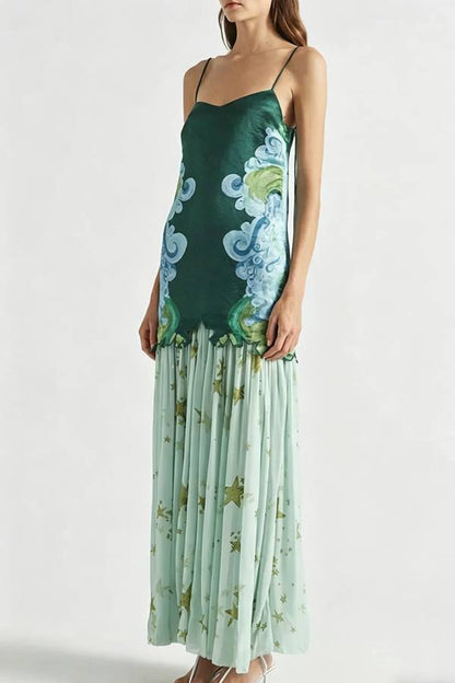 Fresh Bloom Unique Print Satin and Pleated Tulle Hem Slip Maxi Dress