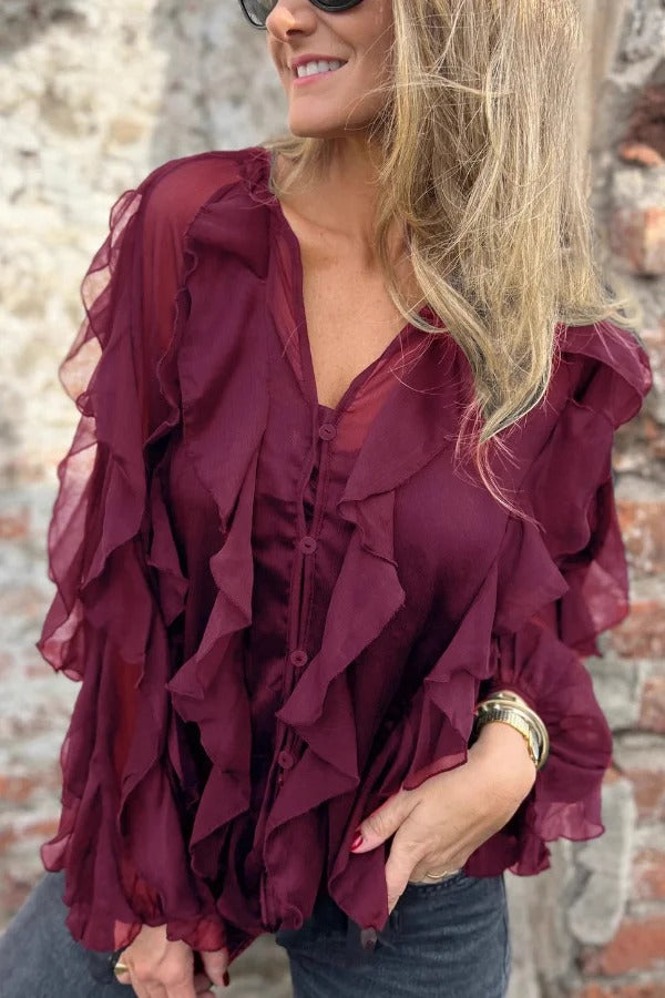 Solid Color Chiffon Ruffled V-neck Patchwork Top