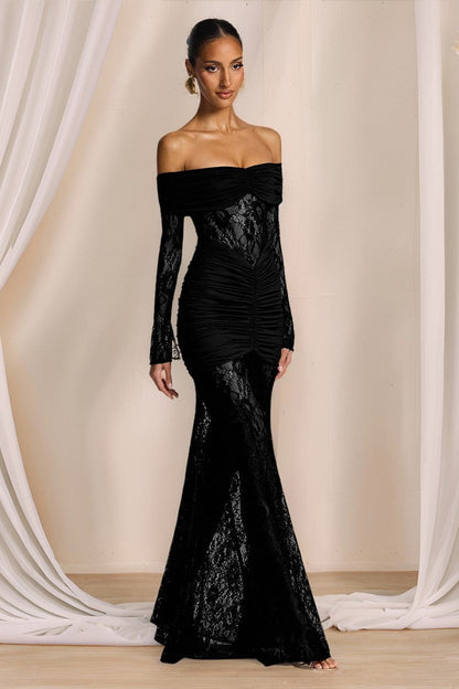 Elegant Lace Off Shoulder Long Sleeve Formal Dress