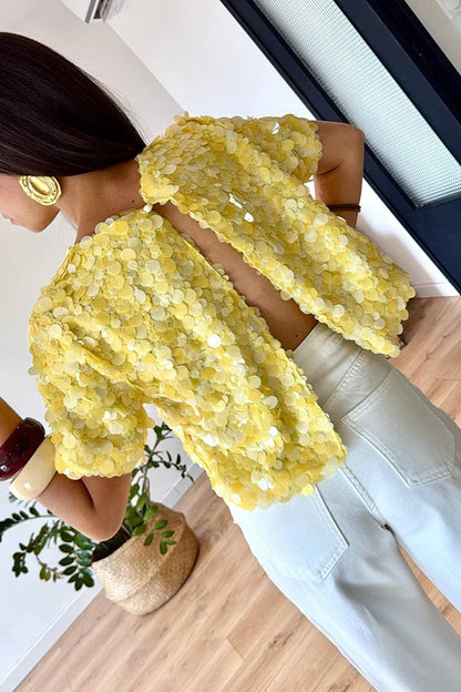 Clarisse Sequin Short Sleeve Back Slit Open Back Loose Top