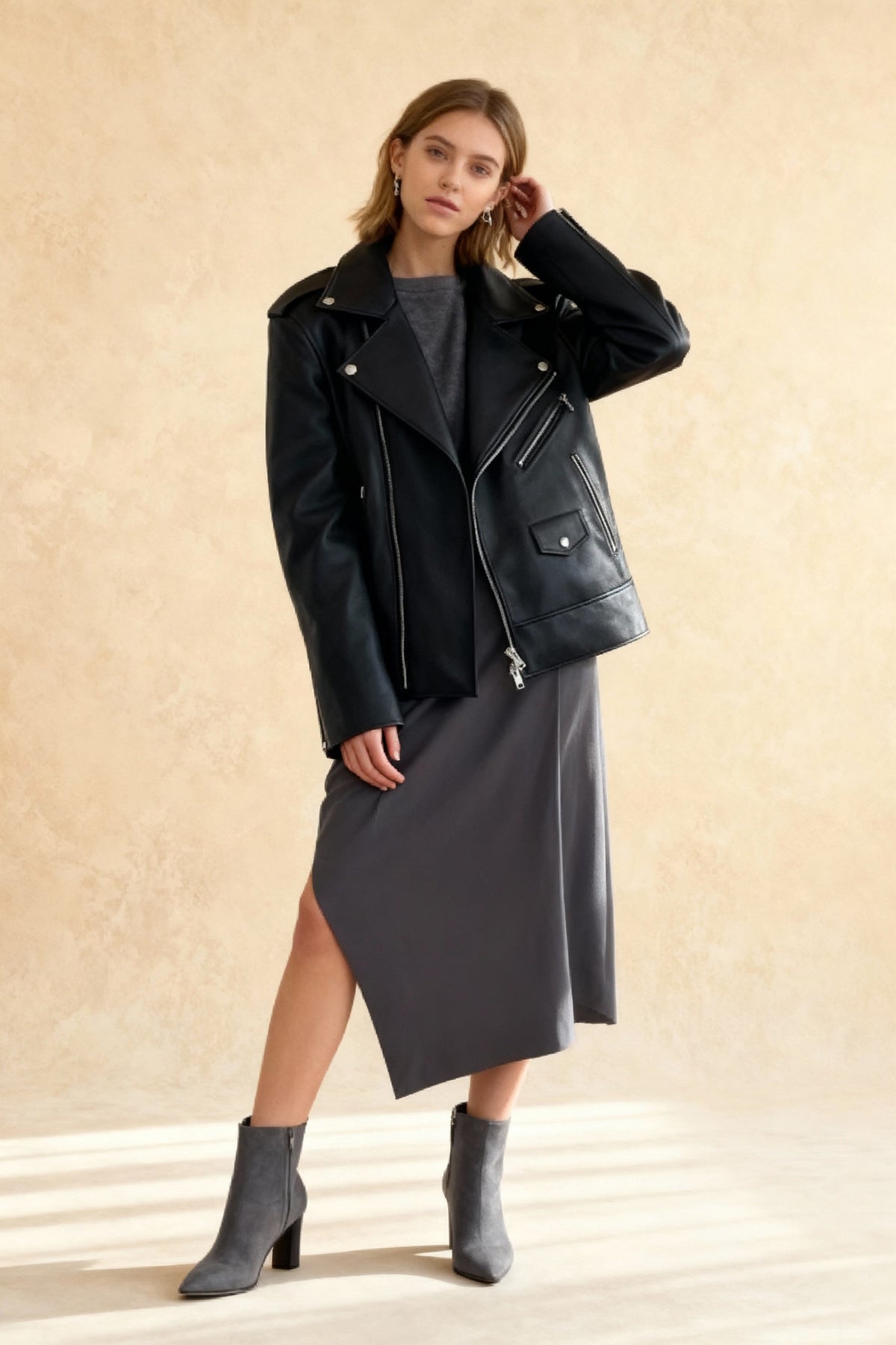 Black Zippers Oversized Leather Coat