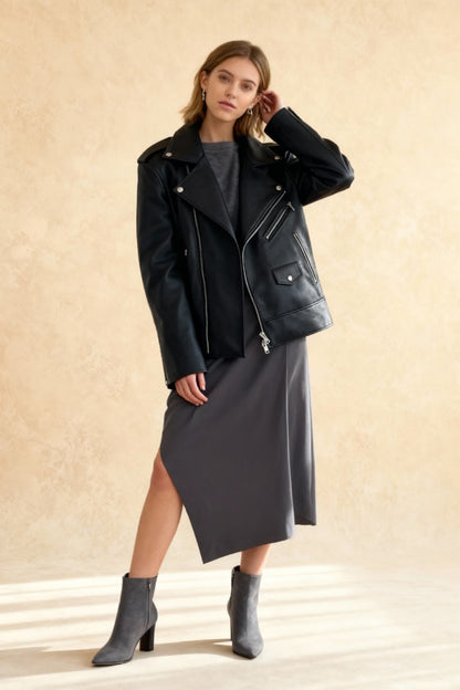 Black Zippers Oversized Leather Coat
