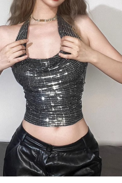 Glitter Backless Bustier Halter Top