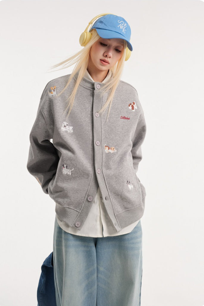 Cartoon Dog Terry Embroidery Cardigan