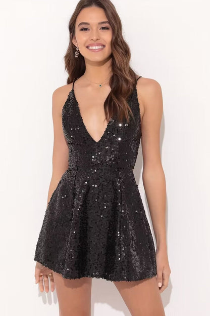 Chic Spaghetti Strap Bow Contrast Waist Slim Sequin Dress
