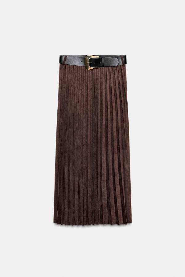 SUEDE EFFECT PLEATED MIDI SKIRT