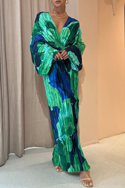 Abstract Floral Print Pleated Deep V-Neck Balloon Sleeve High Split Maxi Dress