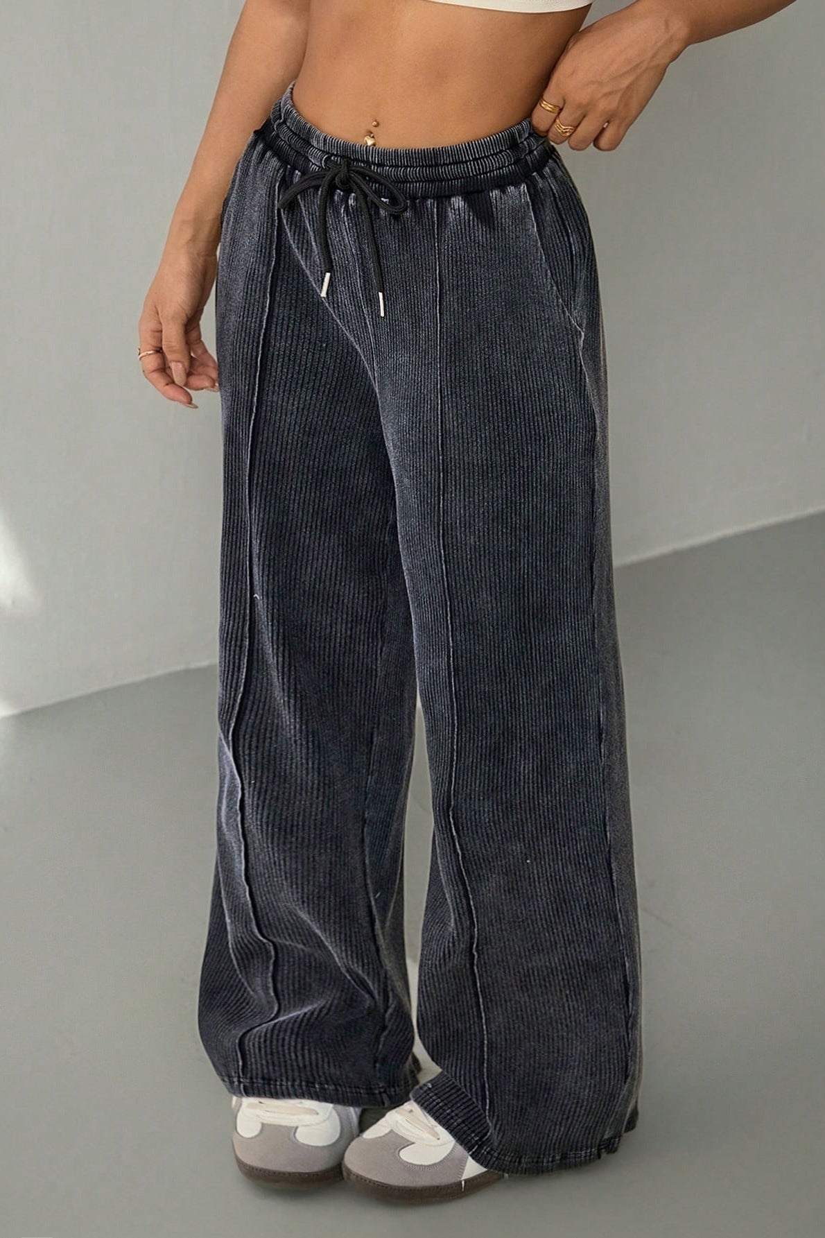 Solid Color Drawstring Waist Wide Leg Sweat Pants