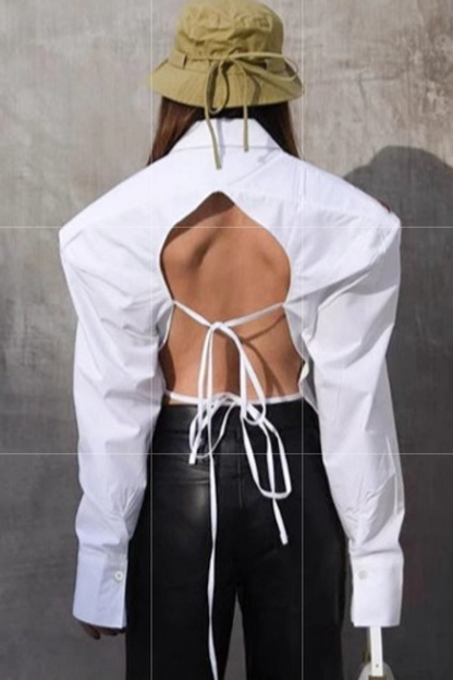 Vintage Tie Waist Cutout Open Back Elegant Blouse