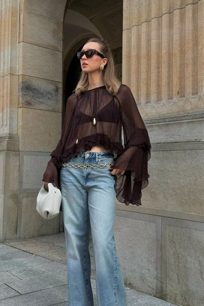Flared Sleeve Chiffon Ruffle Detail Blouse