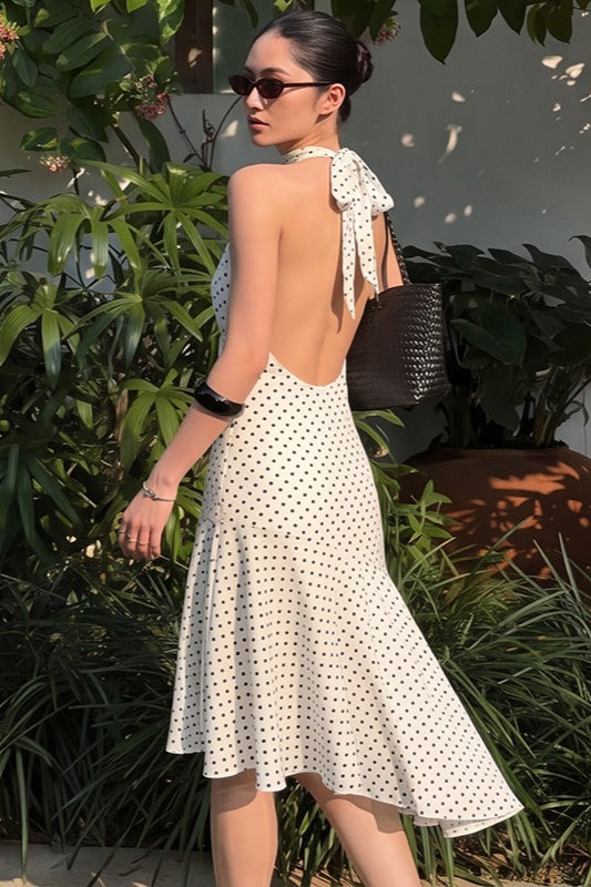 Polka Dot Halter Asymmetrical Hem Midi Dress
