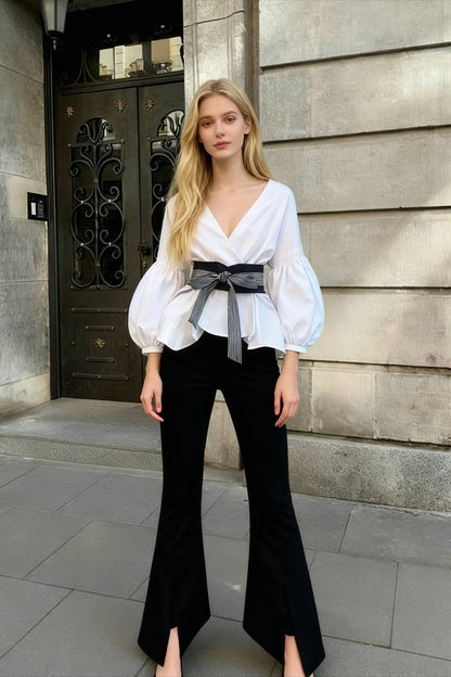 Spring Women's Bow Pants Lantern Flare Black + Striped Split Warm-Season Blouse Arm Arm Set
