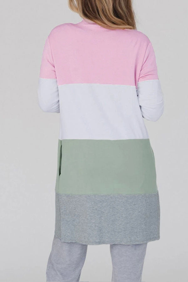 Multicolor Color Block Casual Pocketed Duster Cardigan