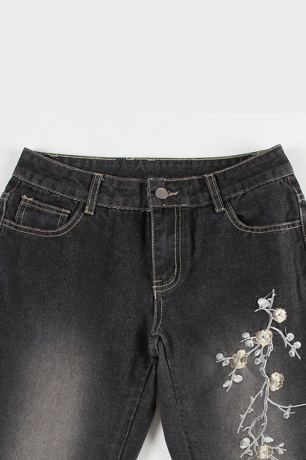 Floral Embroidered Low Rise Flare Jeans