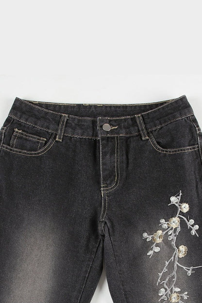 Floral Embroidered Low Rise Flare Jeans