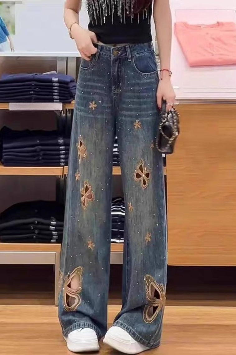 Heavy Embroidery Rhinestone Cutout High Waist Jeans