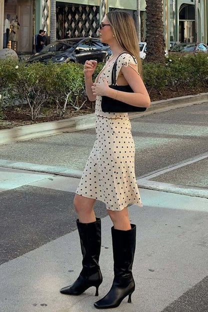 Polka Dot V Neck Tie Slim Midi Skirt Set