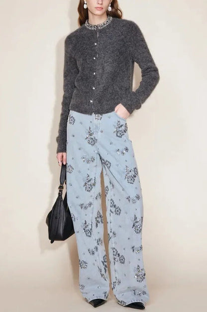 Jhenie Denim Beaded Sequin Floral Pattern Mid Rise Pocket Wide Leg Jeans
