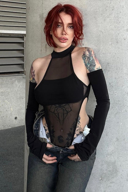 Mesh Cutout Stretch Long Sleeve Bodysuit