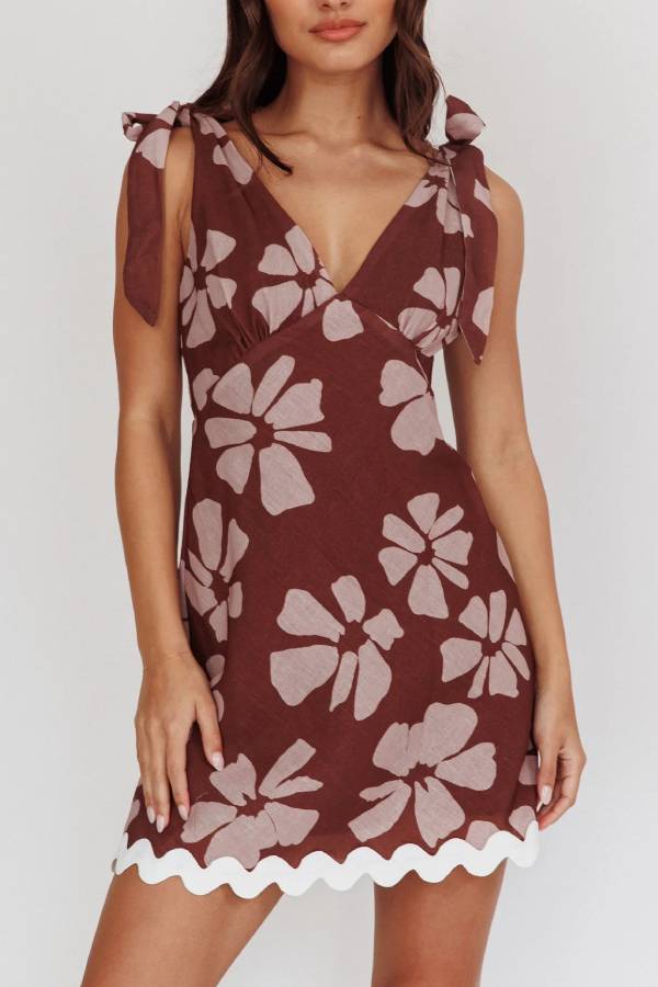 Mykonos Morning Tied Shoulder Mini Dress Floral Brown