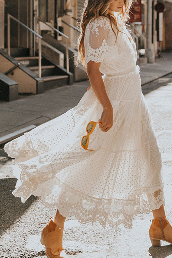 v neck short sleeve lace dress