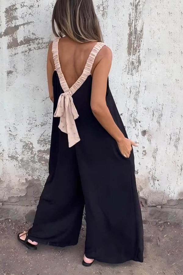 Unique Two-Color Patchwork Open Back Loose Pocket Jumpsuit
