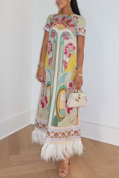 Jazlynn Satin Colorful Baroque Style Printed Short Sleeve Feather Trim Maxi Dress