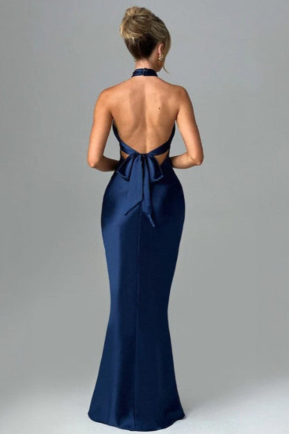 Satin Crossover Halter Gathered Bust Column Maxi Gown